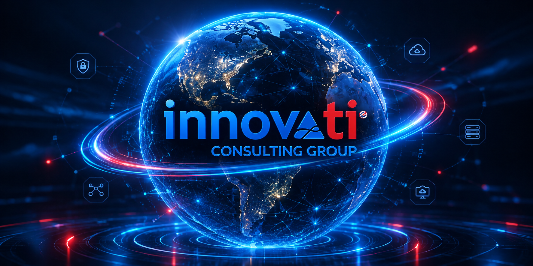 Globo terráqueo con el logotipo de INNOVATI Consulting Group rodeado de conexiones digitales